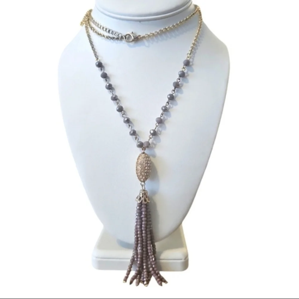 Vintage Purple AB Crystal Tassel and Pave Focal Oblong Bead Necklace 32 Inch